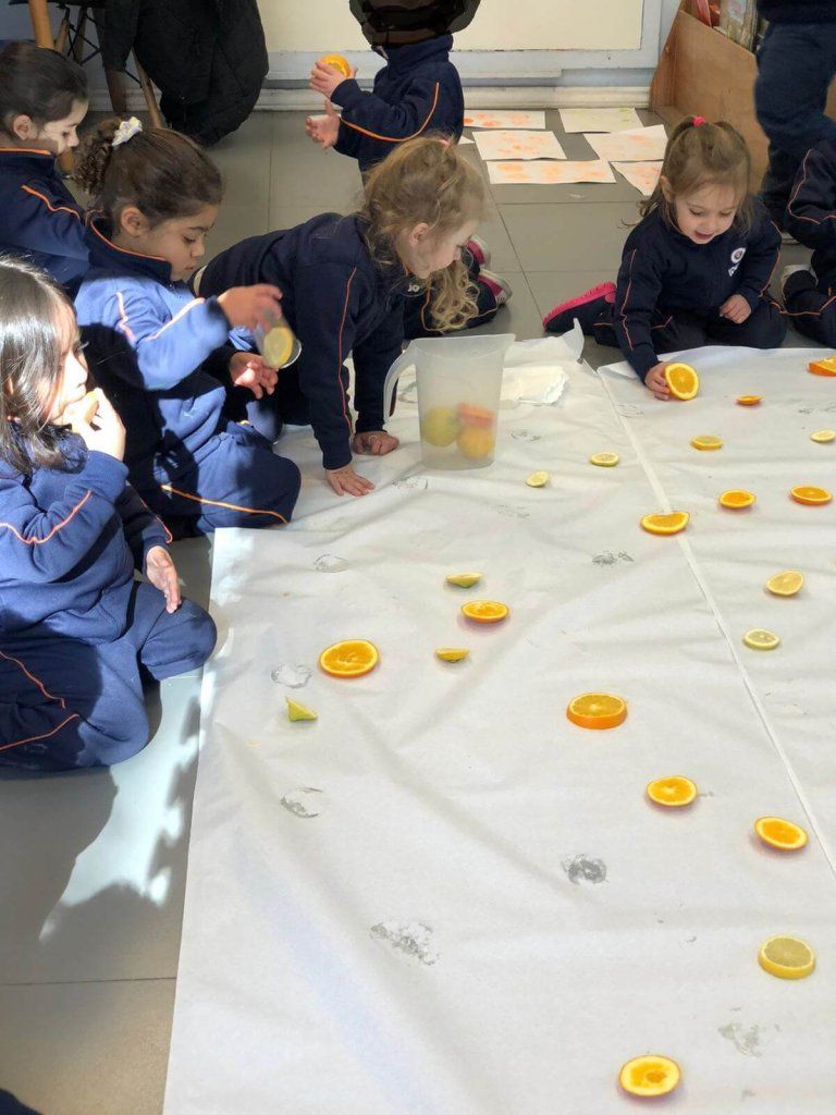 Niños y niñas de inicial con naranjas y limones